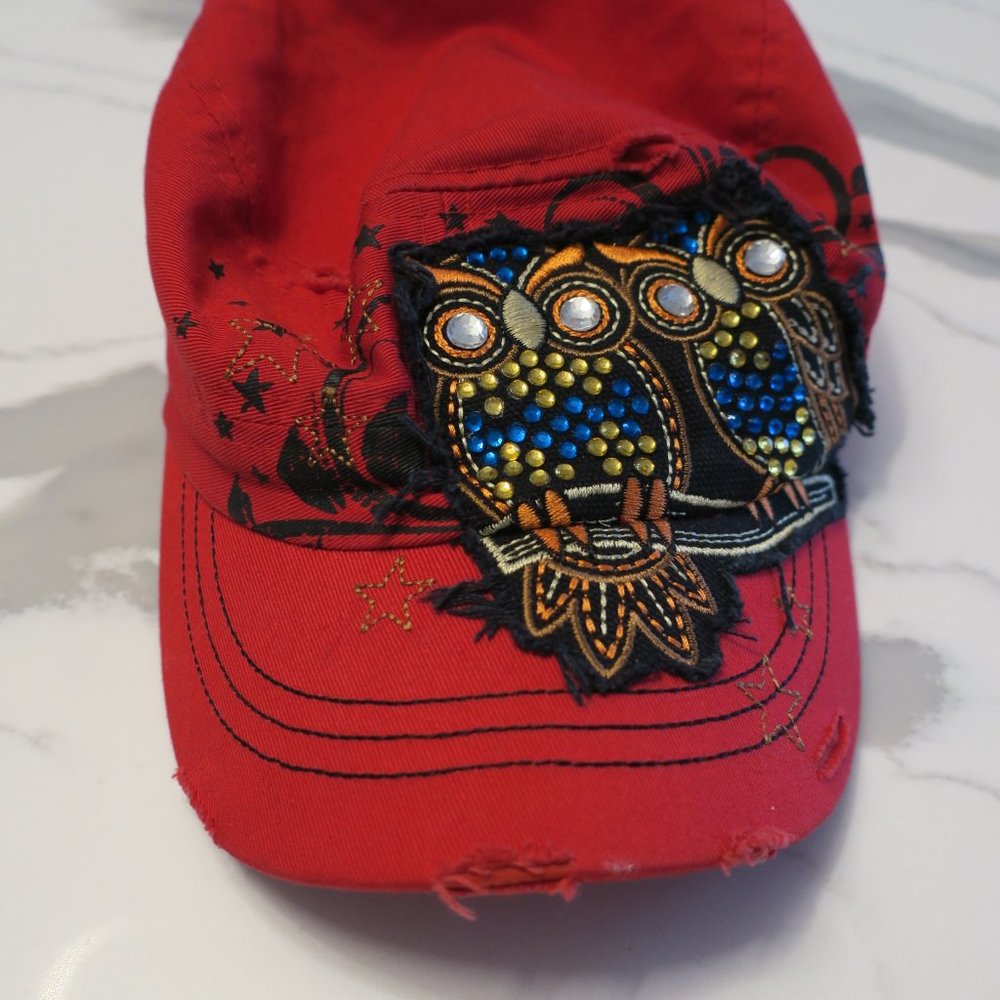 Distressed Leader LOGA Red Embellished Owl Hat